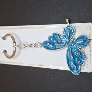 Silver blue Butterfly keychain sparkle  dangle charm keyring accessory